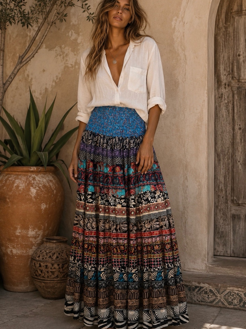 Boho Multicolor Tiered Maxi Skirt with Blue Smocked Waist